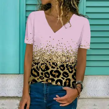 Женская футболка с градиентным принтом, Летние топы с V-образным вырезом и коротким рукавом, модная уличная одежда, женская одежда оверсайз, повседневные футболки