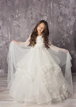 Платье с цветочным узором для девочки, белая пышная тюлевая кружевная наклейка с длинным рукавом, свадебное элегантное детское платье в цветочек для первого причастия