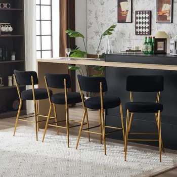 Черный набор из 2 современных барных стульев, обитых плюшевой тканью - Высокий табурет на металлической основе - Подходит для кухни, столовой и гостиной